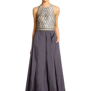 Petite Aidan Mattox grey-silver beaded embellished gown